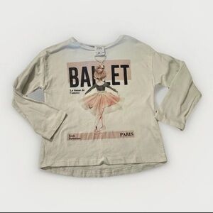 ZARA Girls Ballerina Long Sleeve Shirt Size 3–4 White Ballet Graphic Top